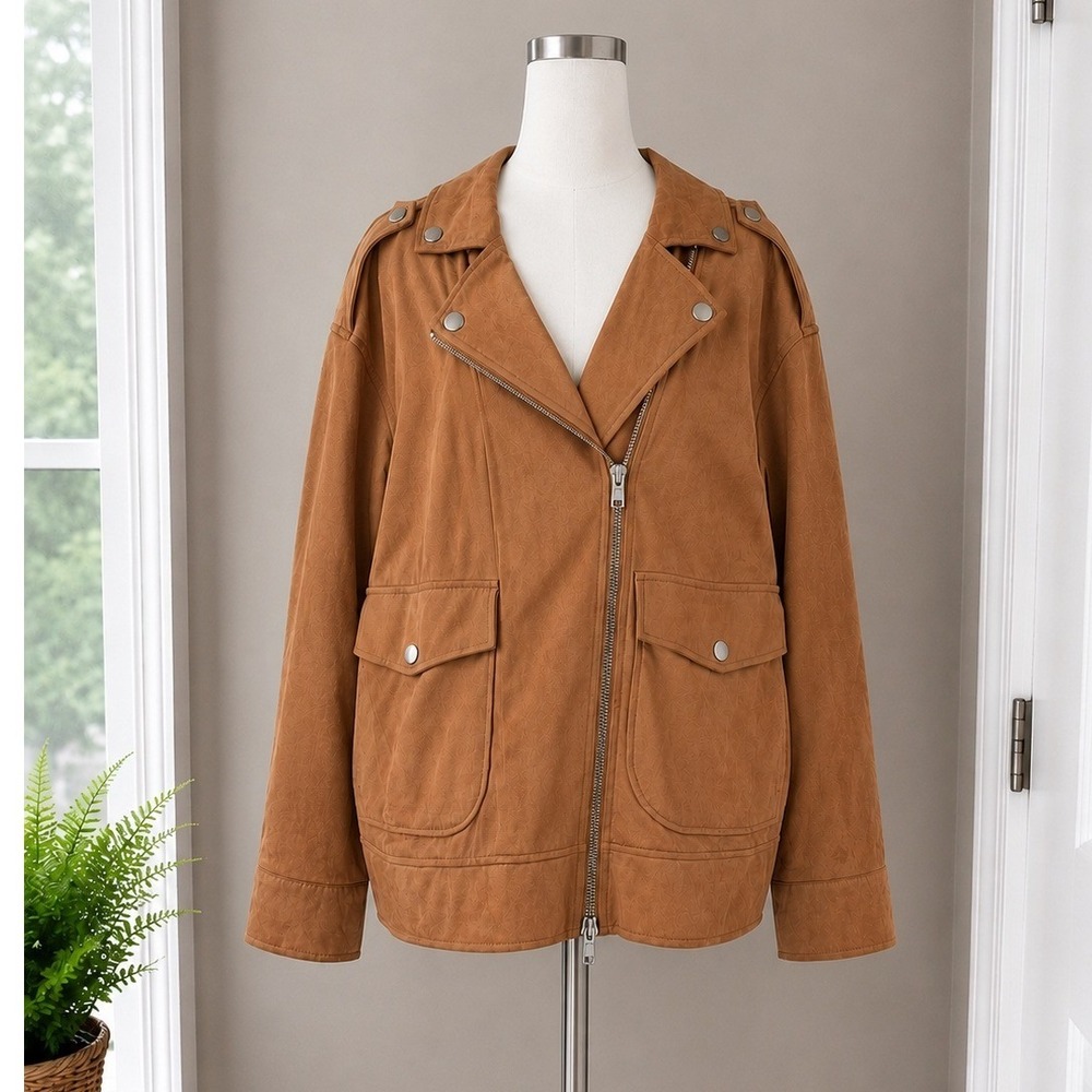 Future Collective Reese Blutstein Brown Faux Suede Moto Jacket Small NEW